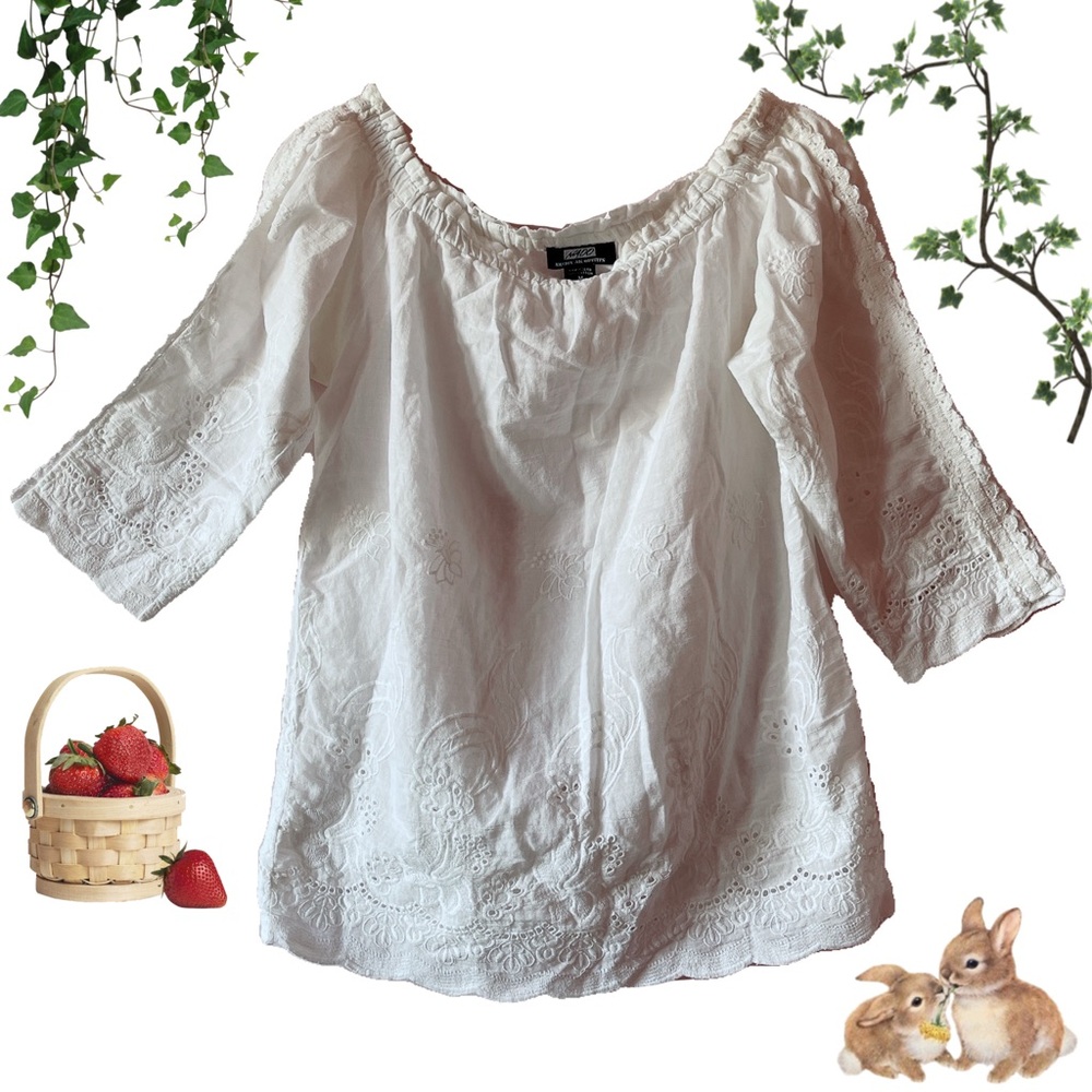 White Embroidered Cottage Core Off Shoulder Top 🤍🧺🌿